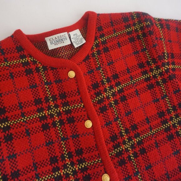 Vintage Classic Elements Red Black Tartan Button Up Cardigan Sweater PS - Picture 10 of 10